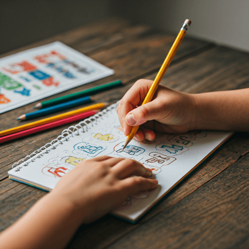 Close up shot of a child's hands using a colorful Letterbox activity book with pencils and crayons on a rustic wooden desk