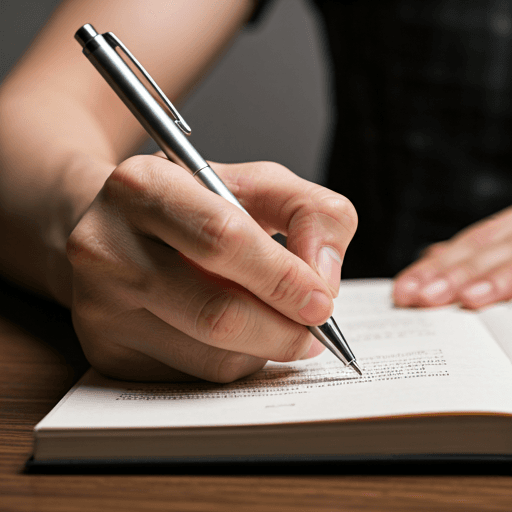 Close up of hand writing in book
