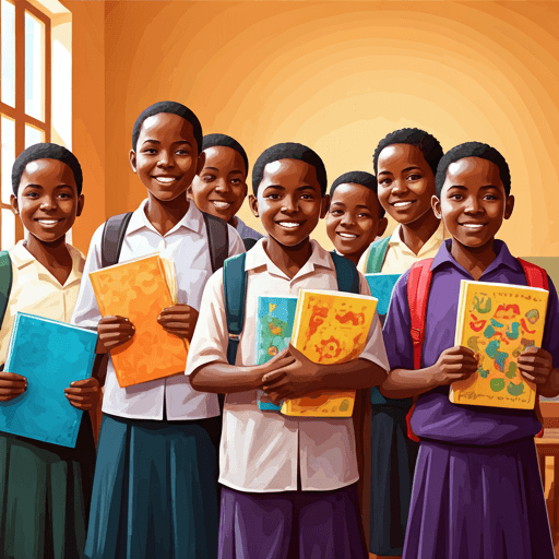 vibrant photo of group of Kenyan school children smiling and holding colorful activity books in a bright classroom setting